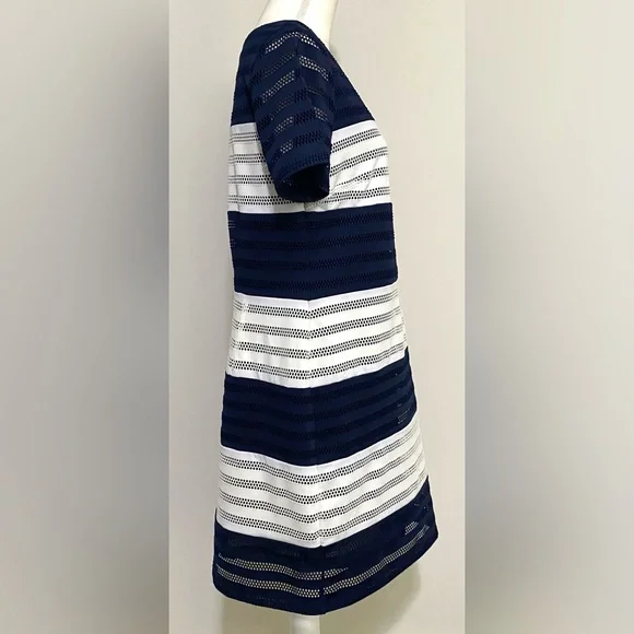 Beige by ECI Womens L Navy Blue White Stripe Short Sleeve Straight Dress Classic - Picture 6 of 12